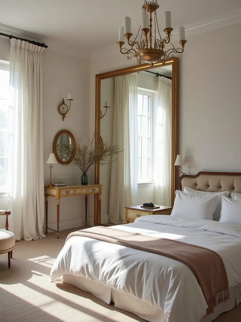 An elegant and spacious bedroom with a decorative mirror enhancing the light