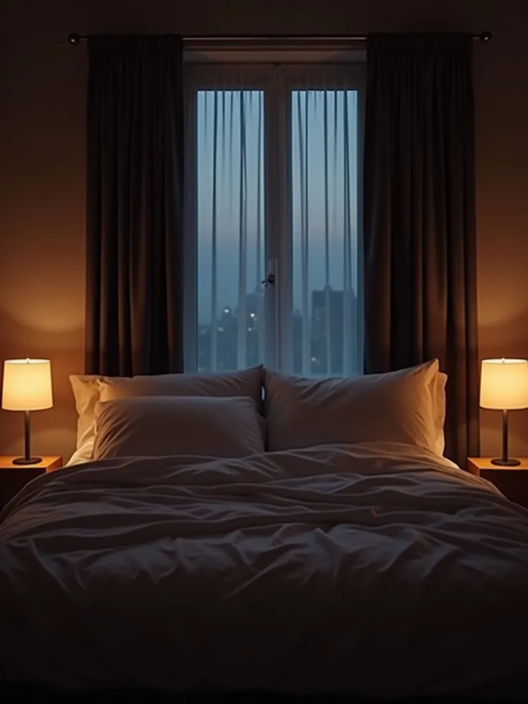 A calm and restful bedroom with blackout curtains for a dark and cozy atmosphere