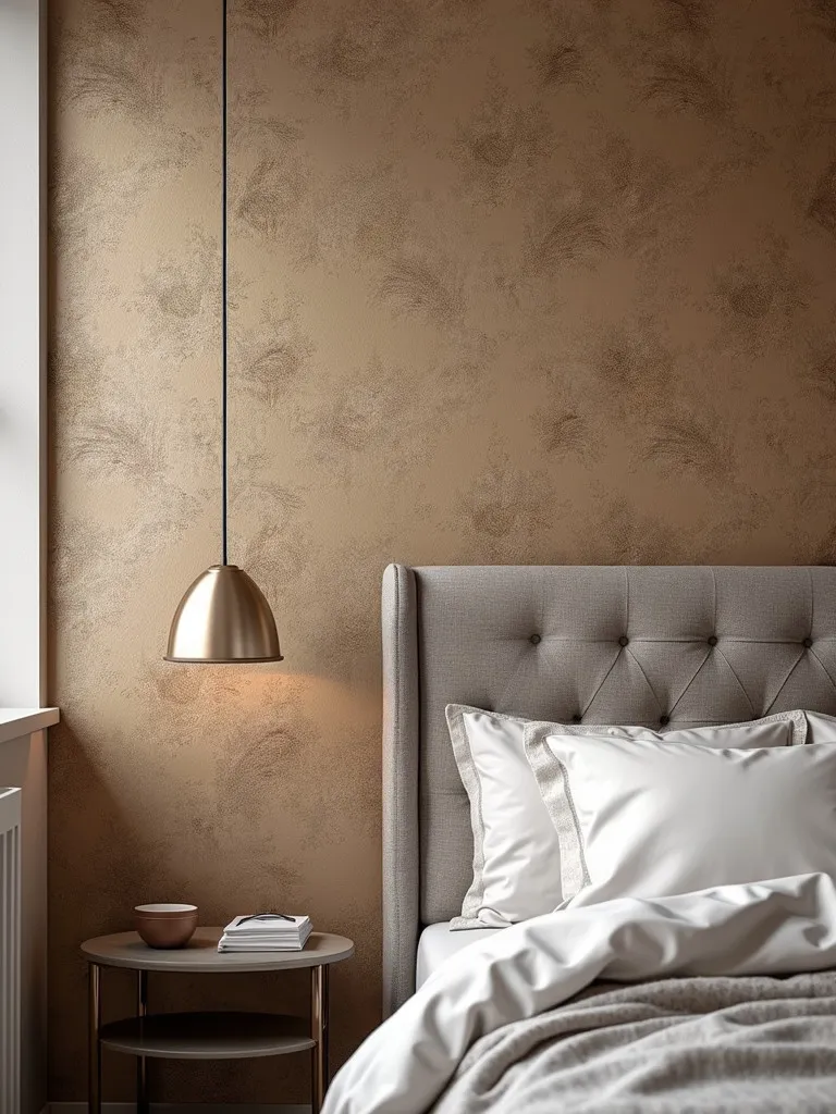 A detailed photo of a rich textured wallpaper enhancing the bedroom wall