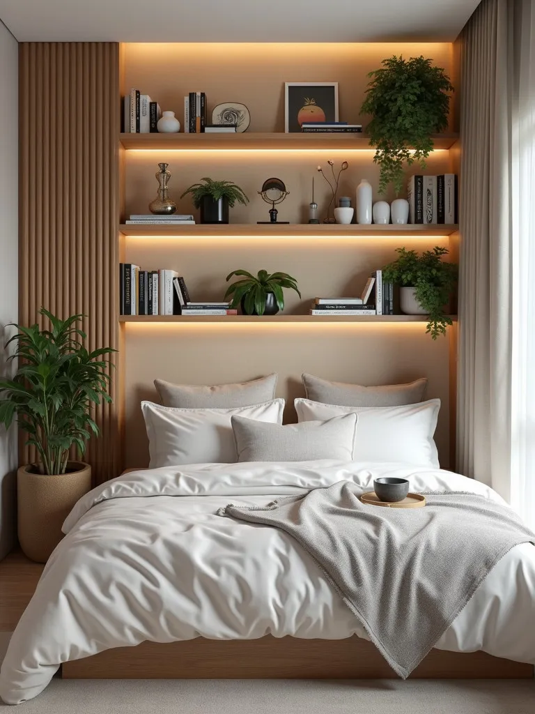 A curated bedroom featuring styled bookshelves with a variety of items