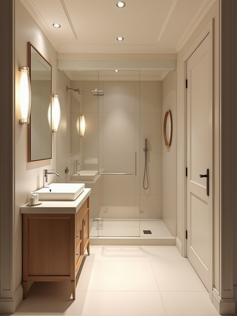 A well-lit bathroom showcasing multiple lighting layers, including recessed lights and wall sconces.