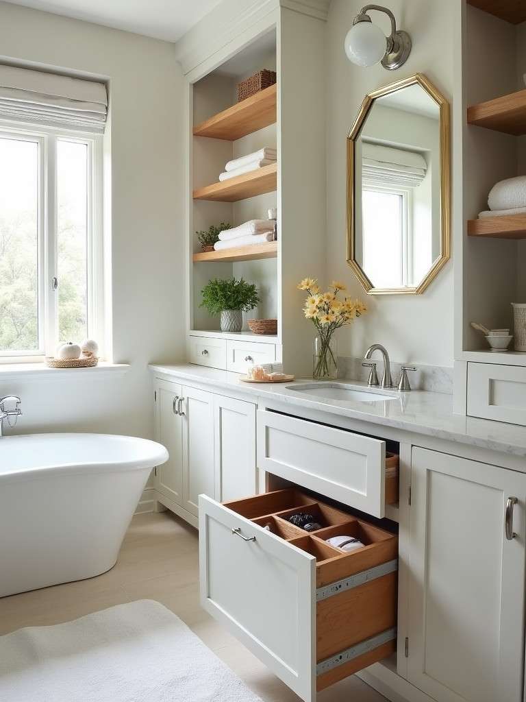 Bathroom with clever storage options including shelving, drawer dividers, and a cabinet