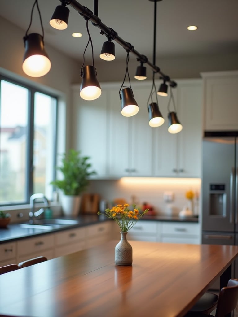 A well-lit modern kitchen with track lighting above the table.