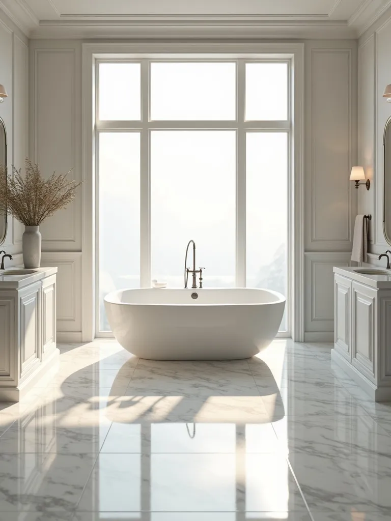 A luxurious bathroom with a freestanding tub bathed in natural light