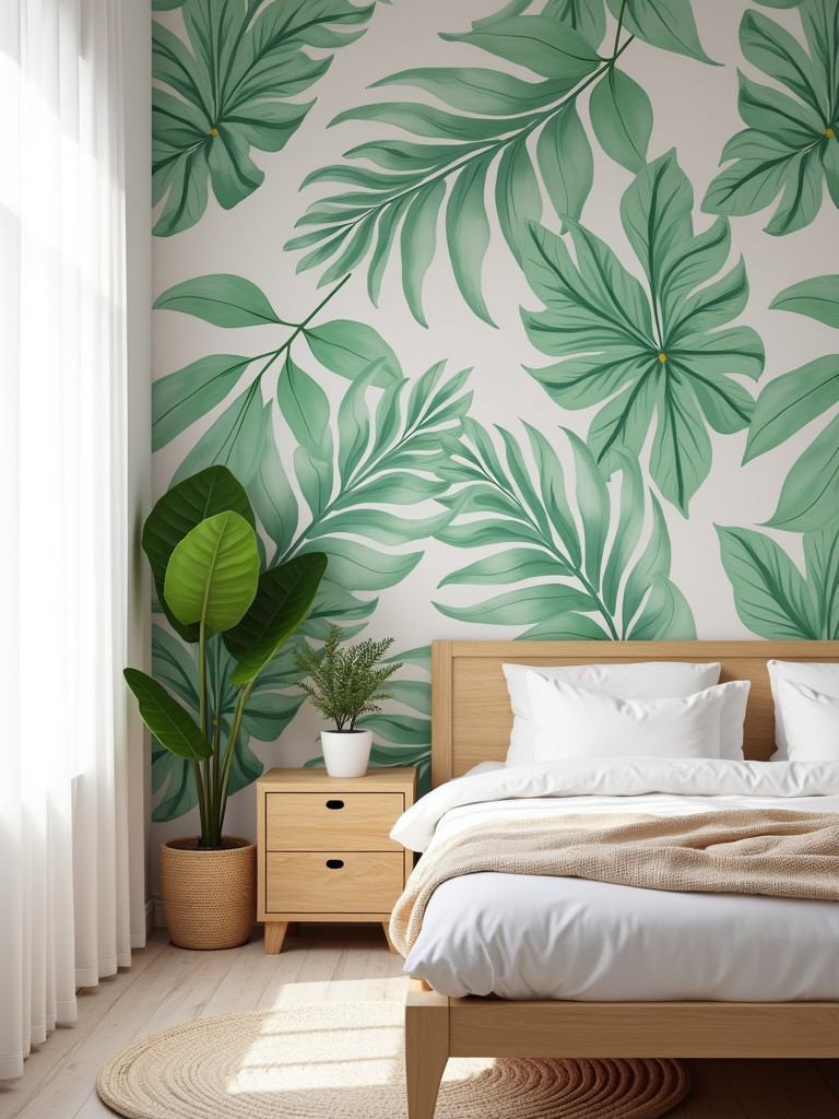 A bright bedroom featuring a tropical leaf wallpaper accent wall, complemented by a light wood platform bed and natural lighting.