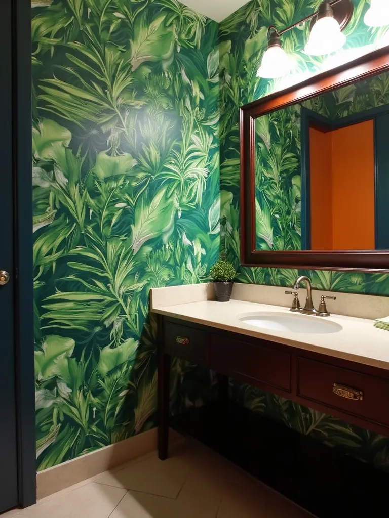 Bathroom with lively tropical print wallpaper.