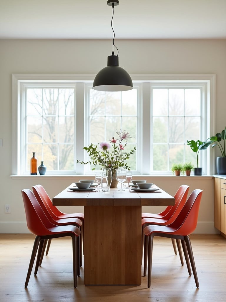 A two-tone farmhouse kitchen table in a modern, colorful dining space.