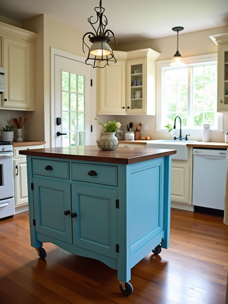 An upcycled vintage kitchen cart, painted vibrant blue, repurposed as a kitchen island.