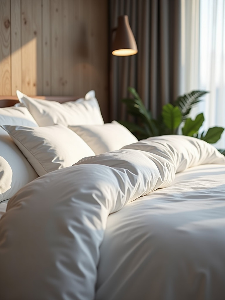 Luxurious modern bed with fluffy white bedding