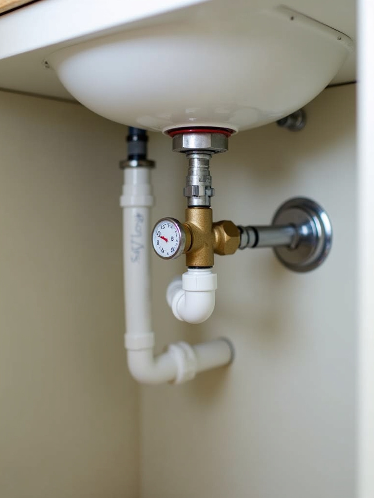 A close shot displaying newly upgraded bathroom plumbing beneath a sink.