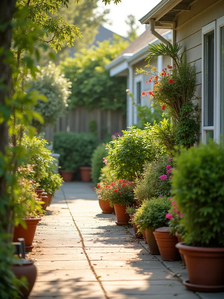 Various container plants in a front yard
