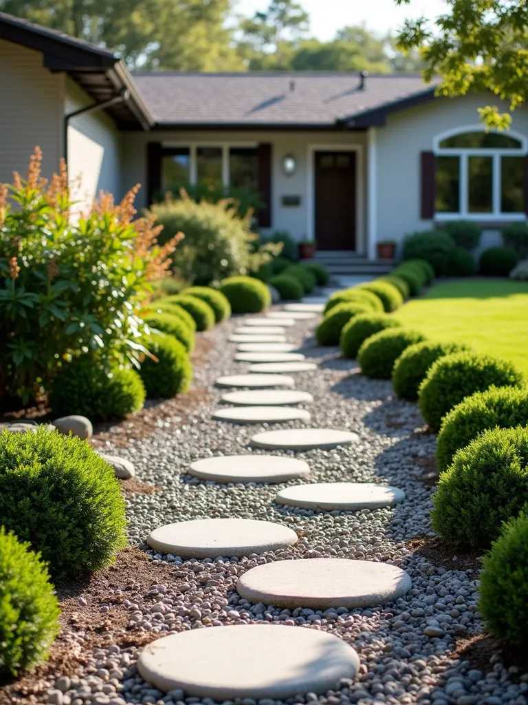 Decorative gravel and stepping stones in a front yard with shrubbery