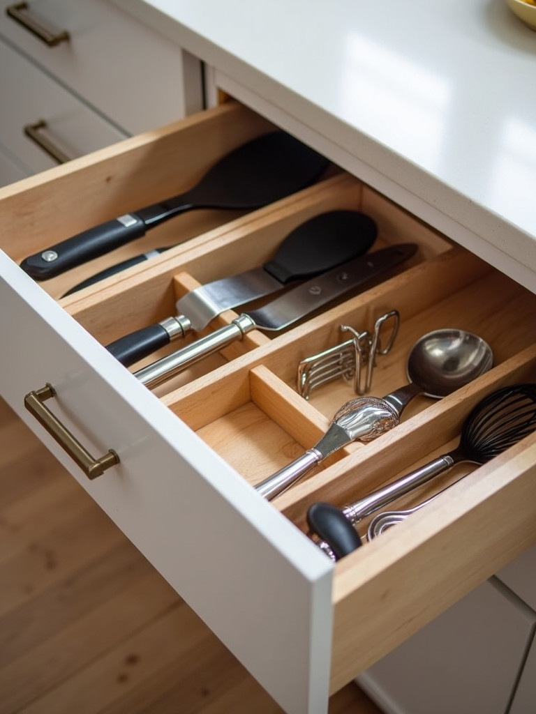 small kitchen drawer with drawer dividers and organizers, showcasing efficient storage for utensils and cookware