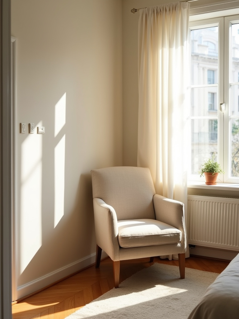 A compact bedroom where a small cozy chair adds both functionality and character.