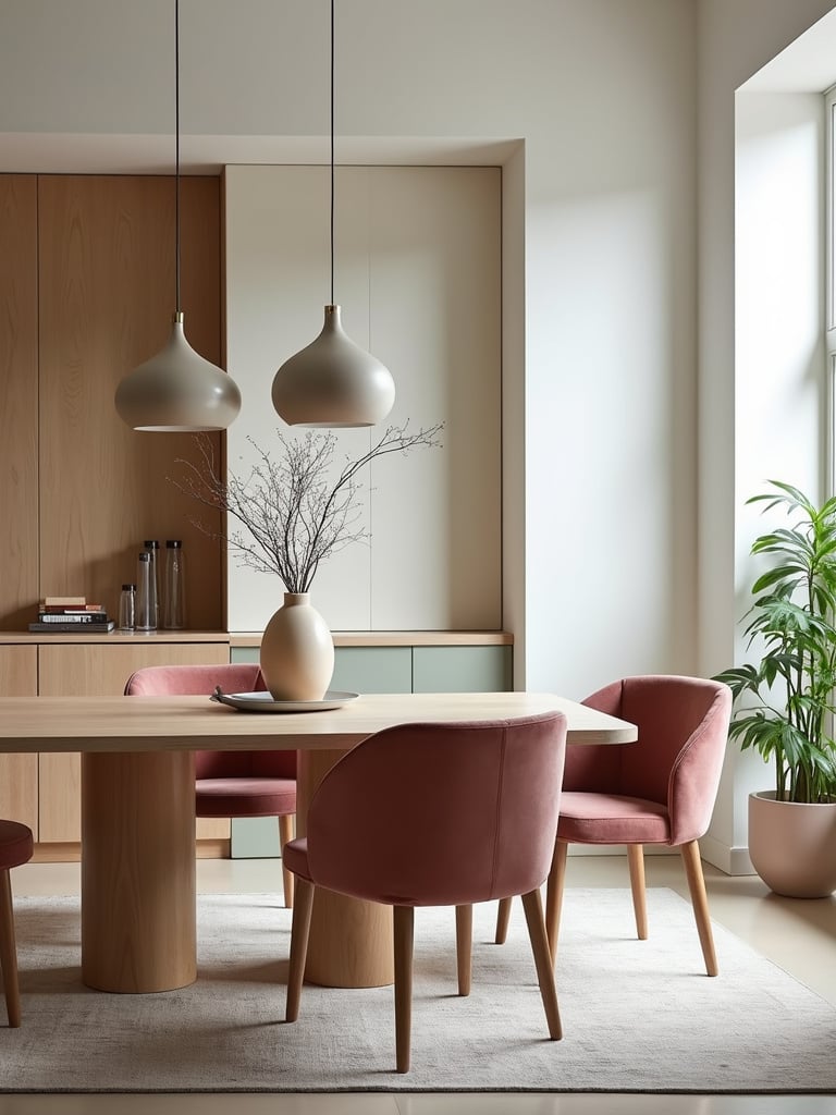A contemporary dining room scene with a central light wood table surrounded by soft plush velvet dining room chairs.