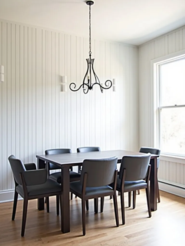 Dining room featuring a soft white, vertical shiplap accent wall
