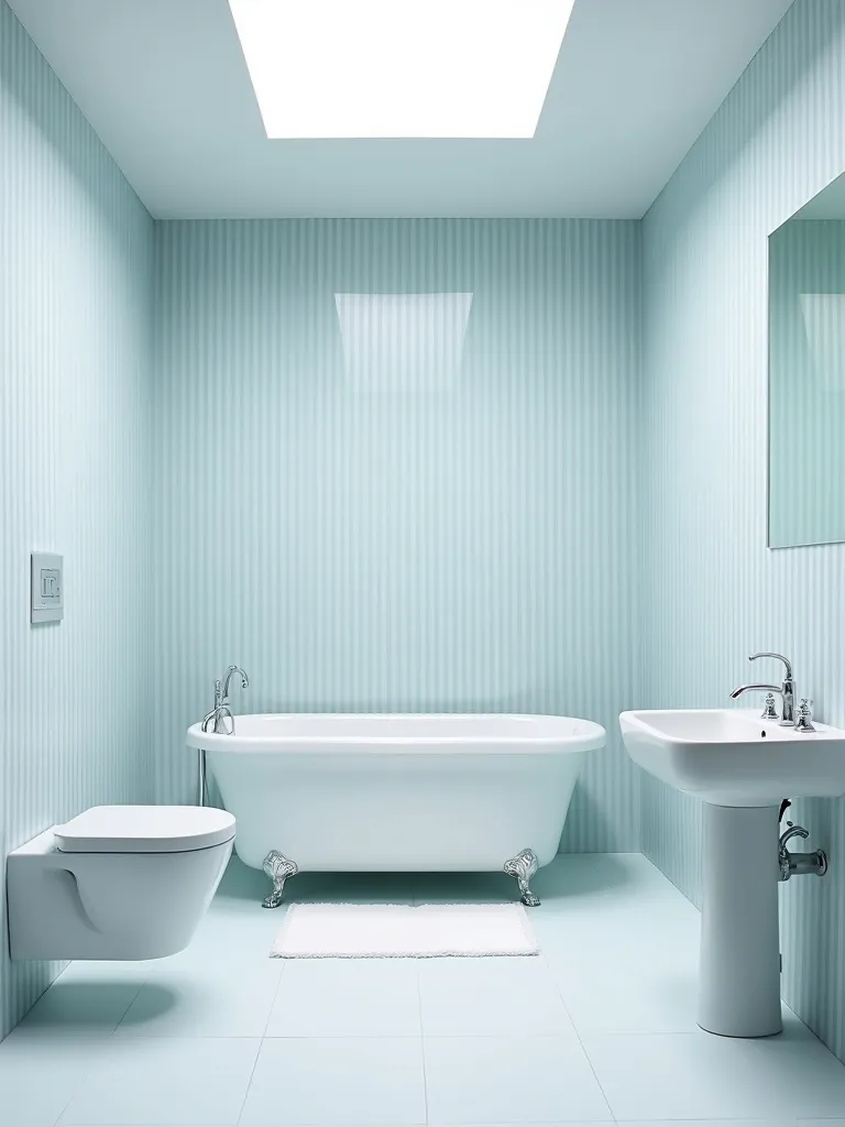 Small bathroom featuring vertical striped wallpaper