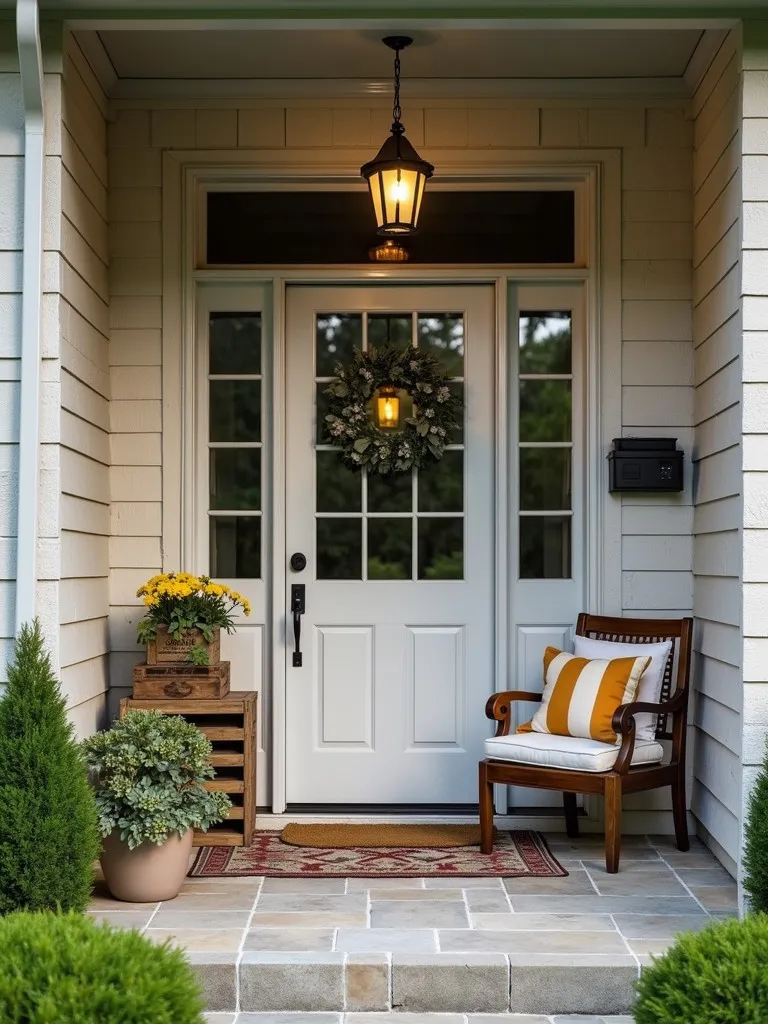 A front porch decorated with vintage-inspired items.