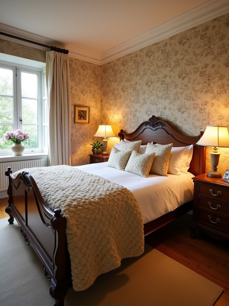 A charming bedroom featuring a vintage-inspired wallpaper accent wall, complemented by antique furnishings and warm lighting.