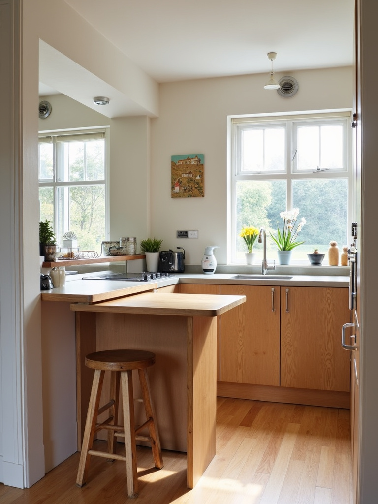 A wall mounted dark wood drop-leaf kitchen island in its fully open position in a modern kitchen.