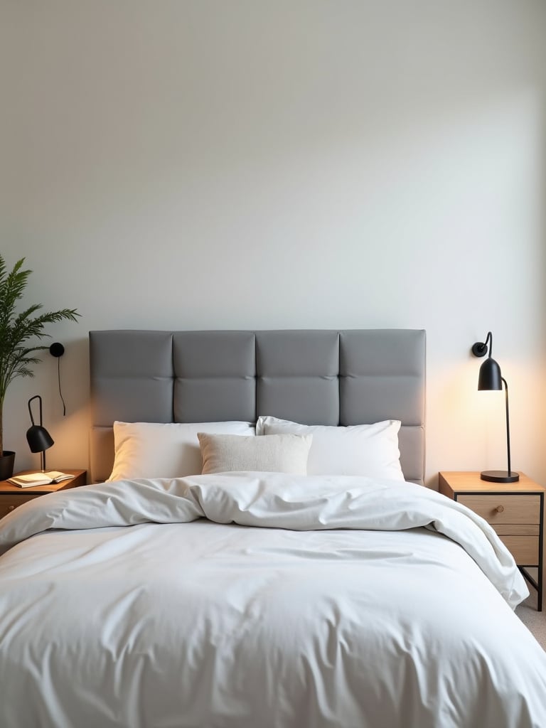 A minimalist small bedroom with gray wall-mounted headboard with soft padding.