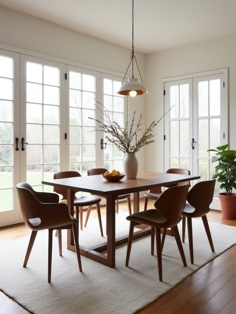 A walnut farmhouse dining table in a sunny, bright dining room.