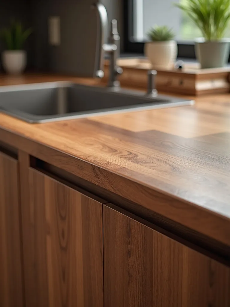 A kitchen counter made of warm walnut wood.