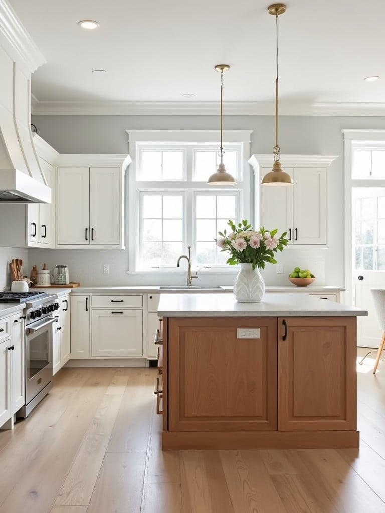 A farmhouse white kitchen with a warm wood tone island, complemented by a light stone countertop