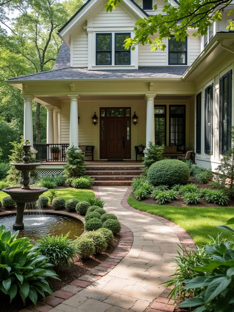 A front porch with a tranquil water feature.