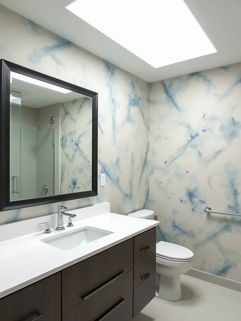 Bathroom with creative watercolor textured wallpaper.