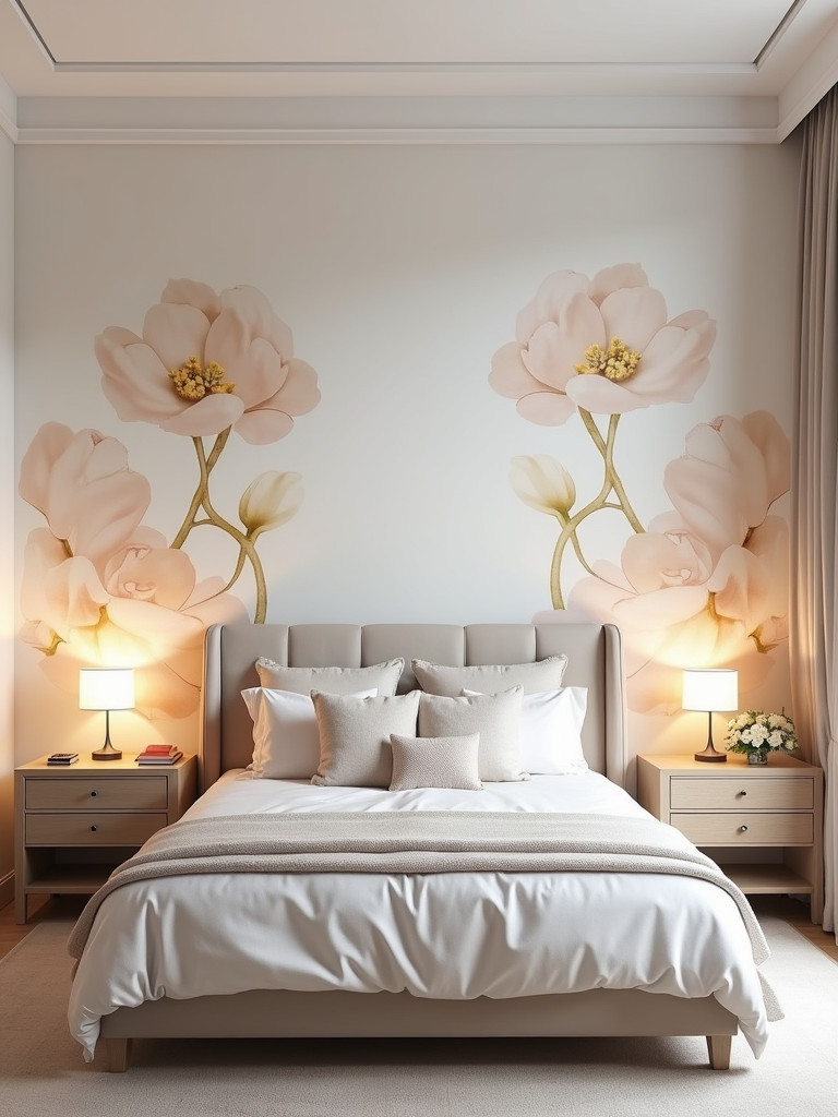 A serene bedroom featuring a watercolor design wallpaper accent wall, complemented by plush bedding and soft lighting.