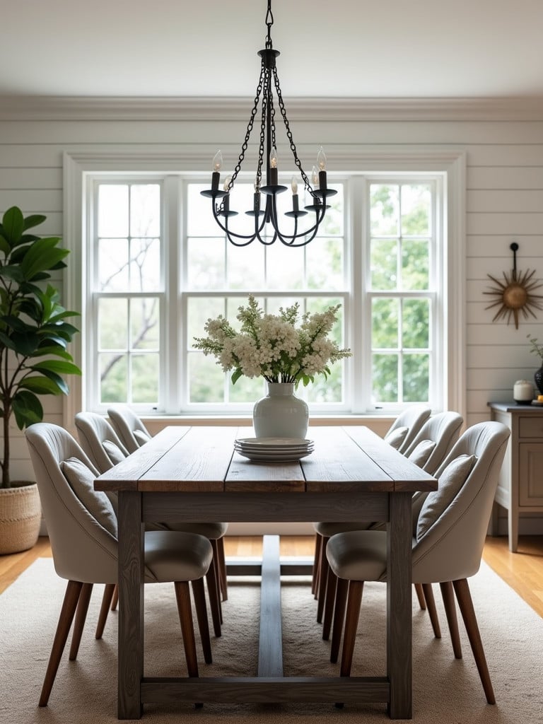 A weathered gray farmhouse table in a neutral toned dining area.