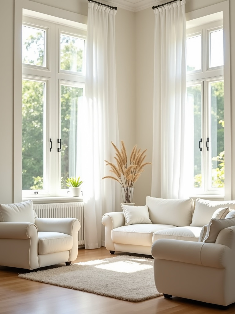 A living room featuring white and cream upholstered sofa and armchairs bathed in natural light