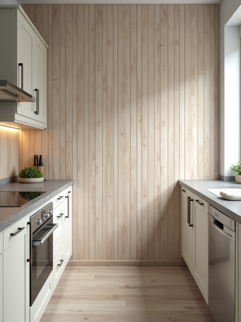 A kitchen with wood plank effect wallpaper wall