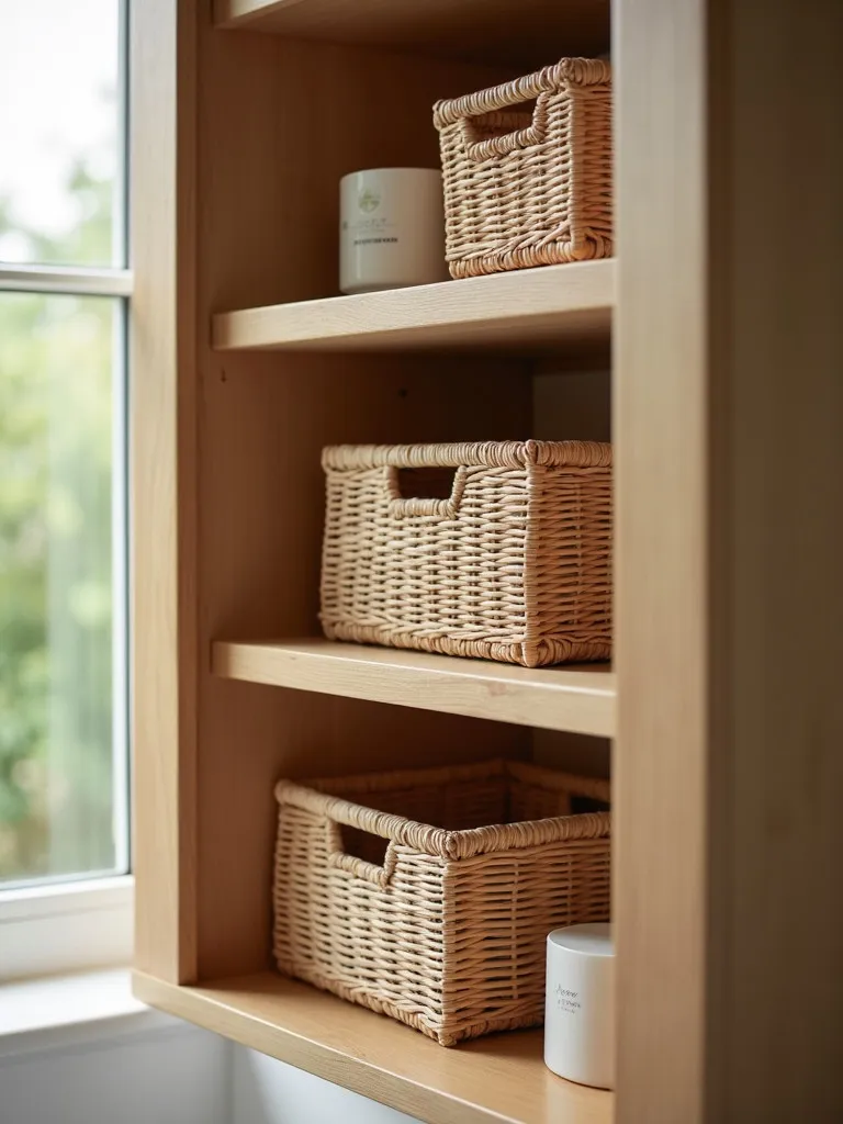 A wooden bathroom cabinet shelf with two woven storage baskets
