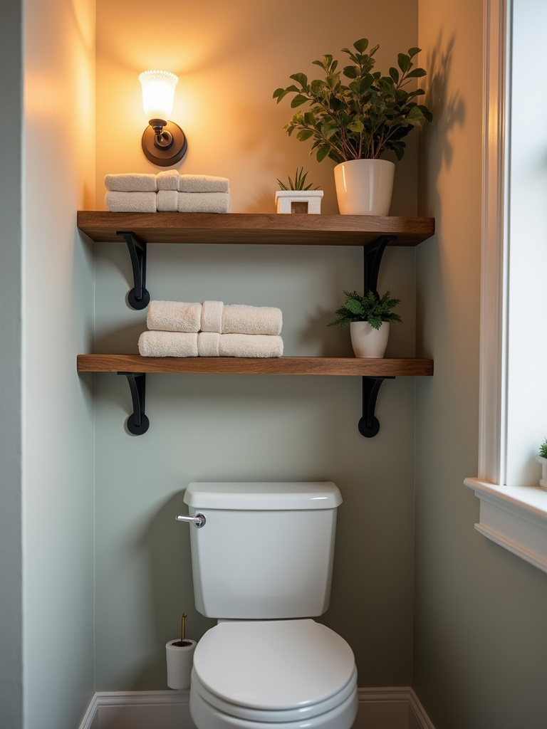 “Organized and stylish open shelving above a toilet in a small bathroom, maximizing vertical storage space.”