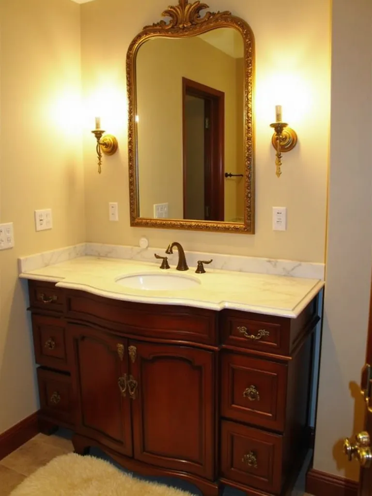 A classic bathroom with a large rectangular mirror in a gold frame above a traditional wood vanity.