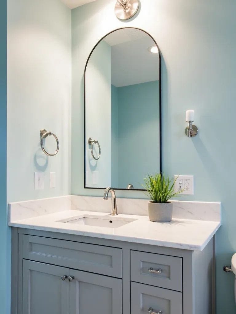 A transitional bathroom featuring an arched mirror with a black metal frame above a grey shaker-style vanity.