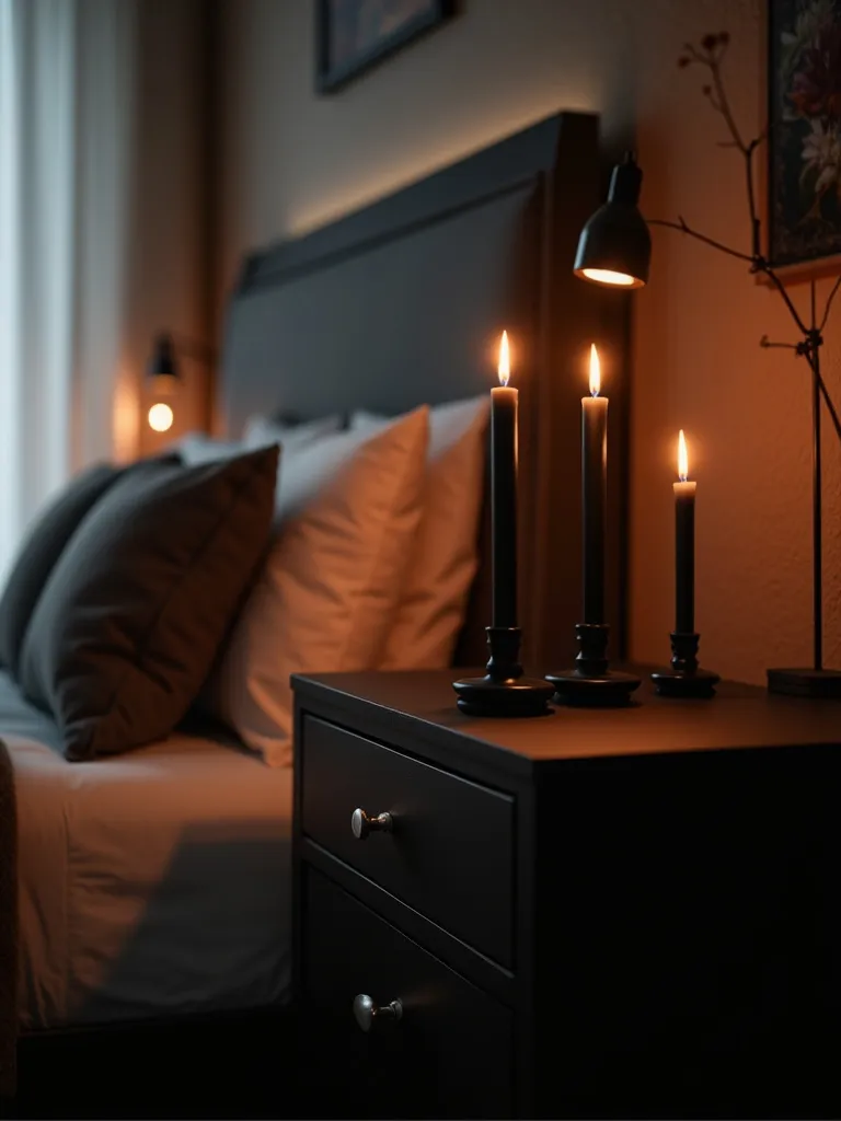 Romantic and ambient atmosphere created by black candles and candle holders styled on a black nightstand, softly illuminated by candlelight.