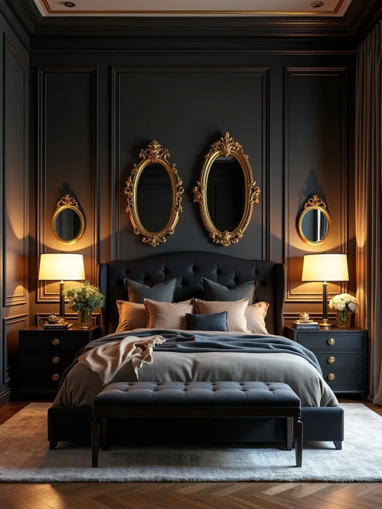 Glamorous black and gold bedroom with gold accents on lighting, mirrors, and decorative items, bathed in warm evening light.