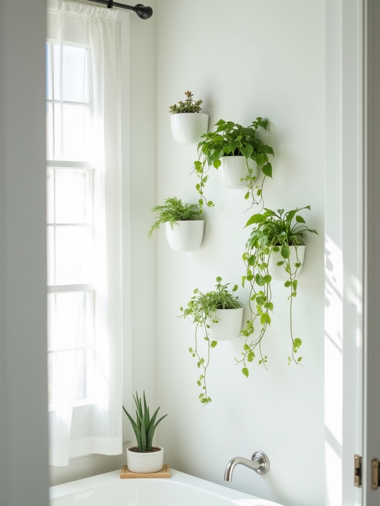 Small bathroom featuring a wall adorned with minimalist wall planters holding lush green plants.