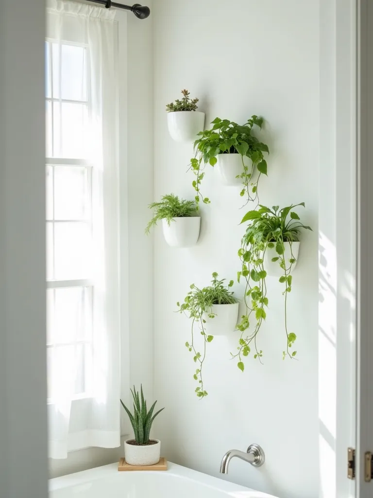 Small bathroom featuring a wall adorned with minimalist wall planters holding lush green plants.