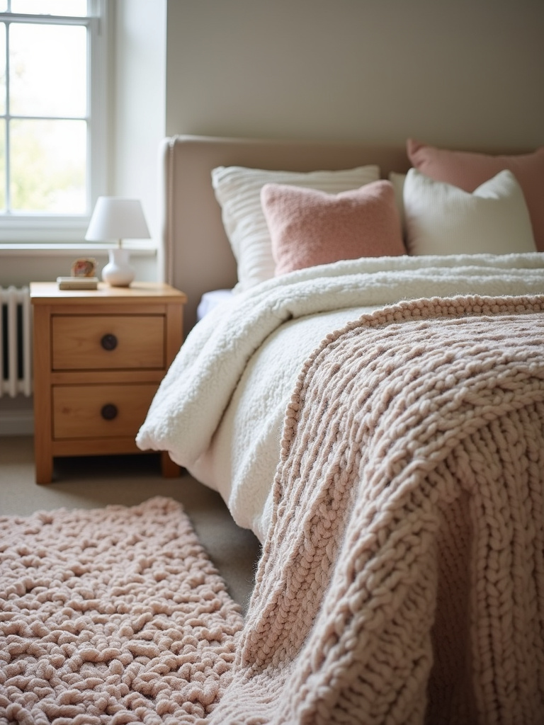 Teenage bedroom featuring warm textures with a chunky knit rug on the floor and plush throw pillows on the bed, creating a cozy and inviting space.