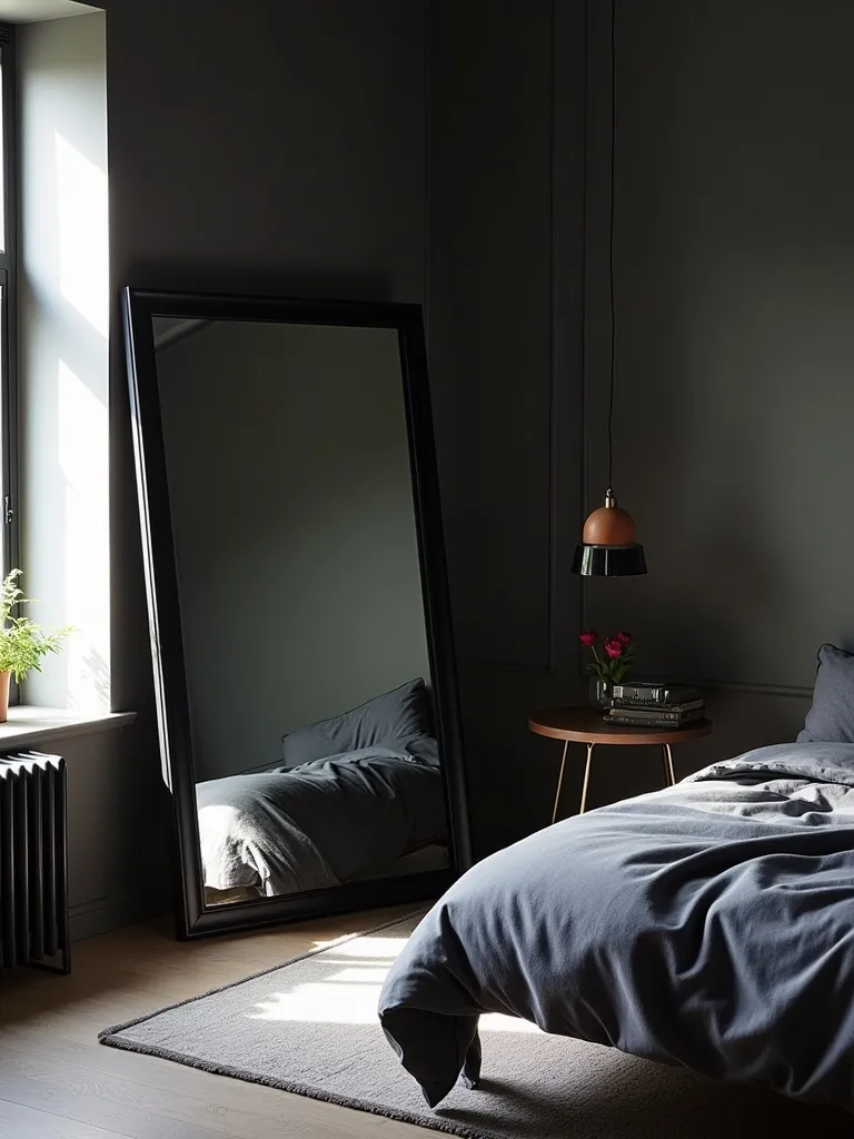 Bright and spacious black bedroom with a large black framed mirror reflecting daylight and enhancing the sense of openness.