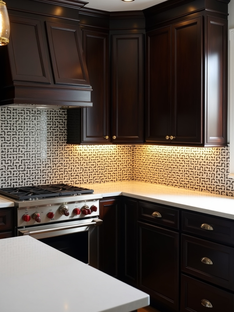 Art Deco kitchen with dark cabinets, white countertops, and geometric patterned backsplash with gold accents