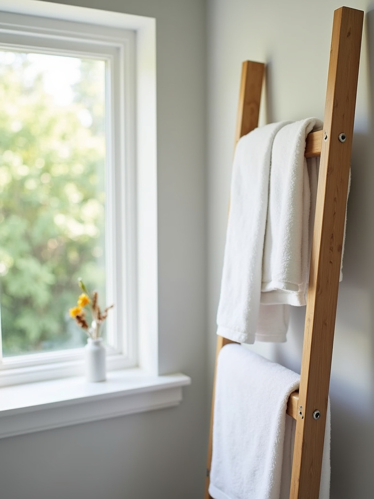 A modern bathroom corner featuring a bamboo ladder towel rack leaning against a light grey wall, displaying neatly folded white towels under soft natural light.