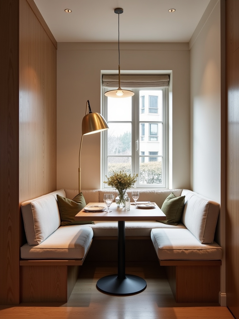 Cozy small dining room with banquette seating built along the wall.