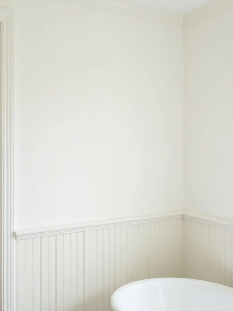 A classic bathroom featuring off-white beadboard paneling on the lower walls, complemented by white walls and a freestanding bathtub, highlighted with soft, diffused lighting, and includes a view out of the room showing a depth of perspective.