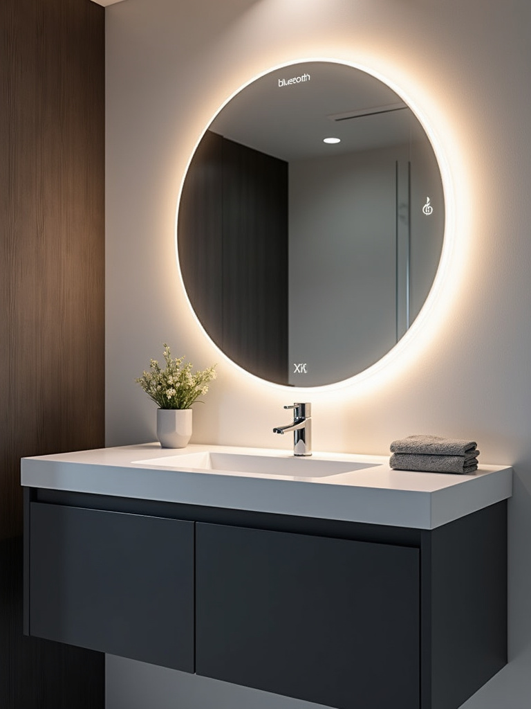 A modern bathroom vanity area featuring a round LED mirror with integrated Bluetooth speakers above a dark grey floating vanity, illuminated by soft ambient lighting.