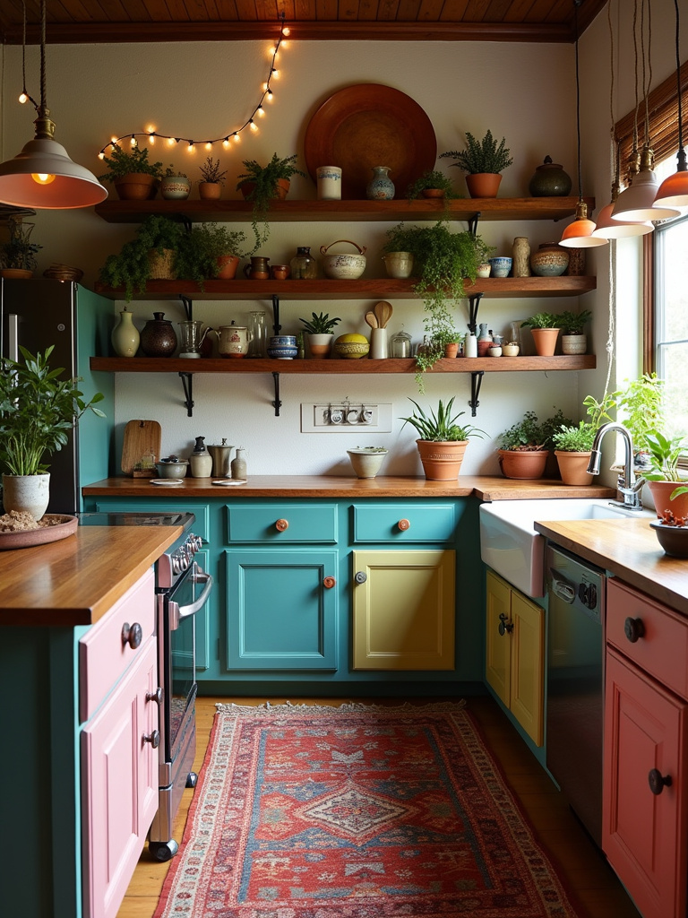 Eclectic bohemian kitchen with colorful cabinets, open shelves, and patterned textiles